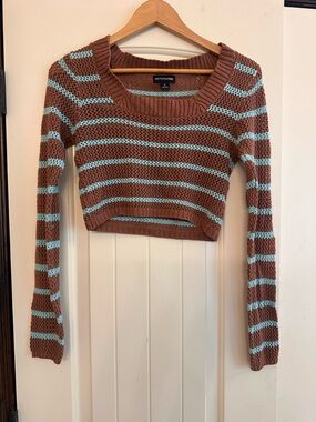 PrettyLittleThing Brown Sweater with Light Blue Stripe